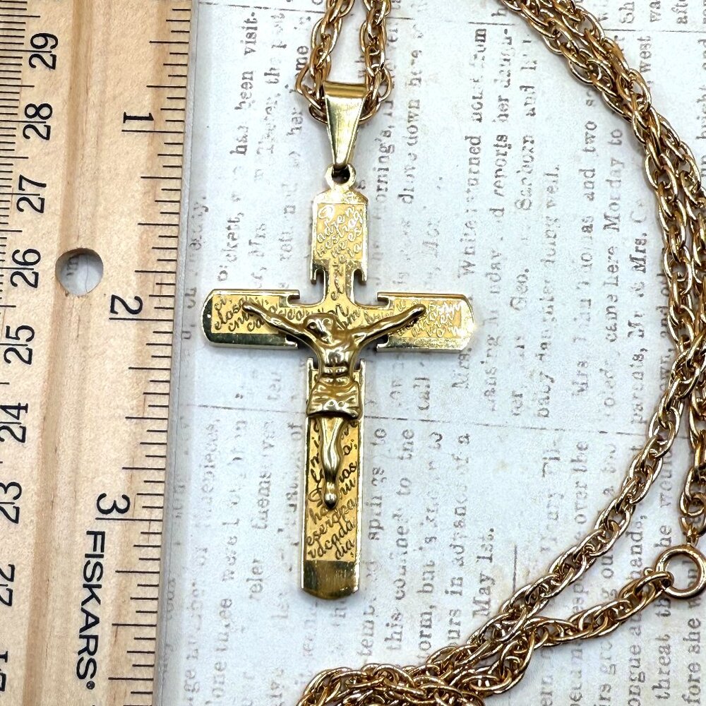 Large Stainless Steel Yellow Gold Spanish Crucifix Cross Pendant Necklace - Picture 4 of 8